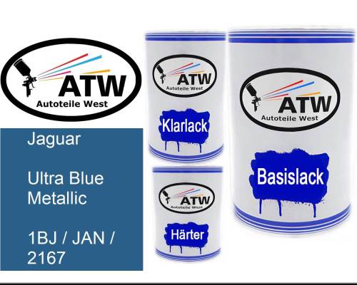 Jaguar, Ultra Blue Metallic, 1BJ / JAN / 2167: 500ml Lackdose + 500ml Klarlack + 250ml Härter - Set, von ATW Autoteile West.